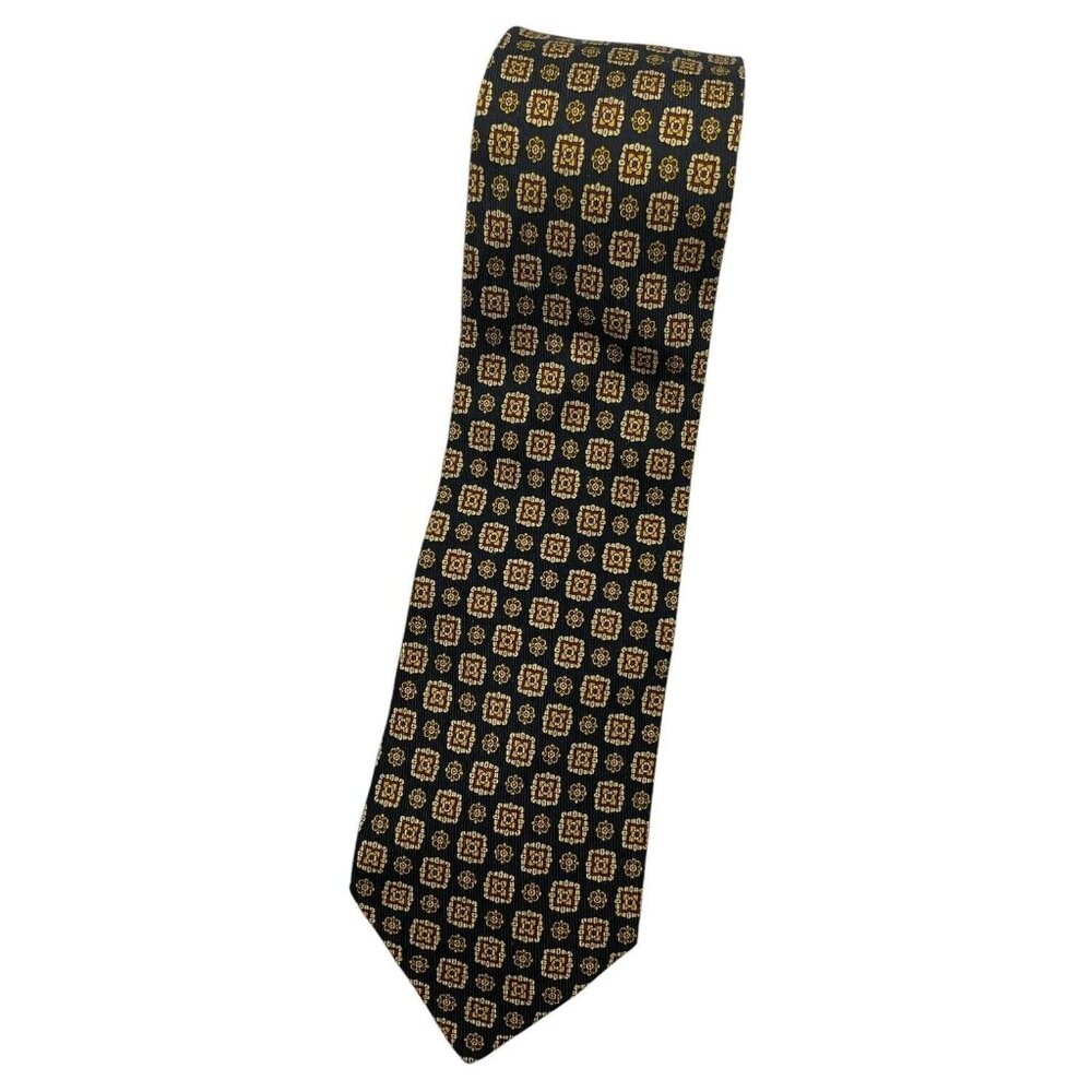 DORMEUIL Men's 100% Silk Necktie LUXURY Tie Black Beige Geometric W:3.7" EUC